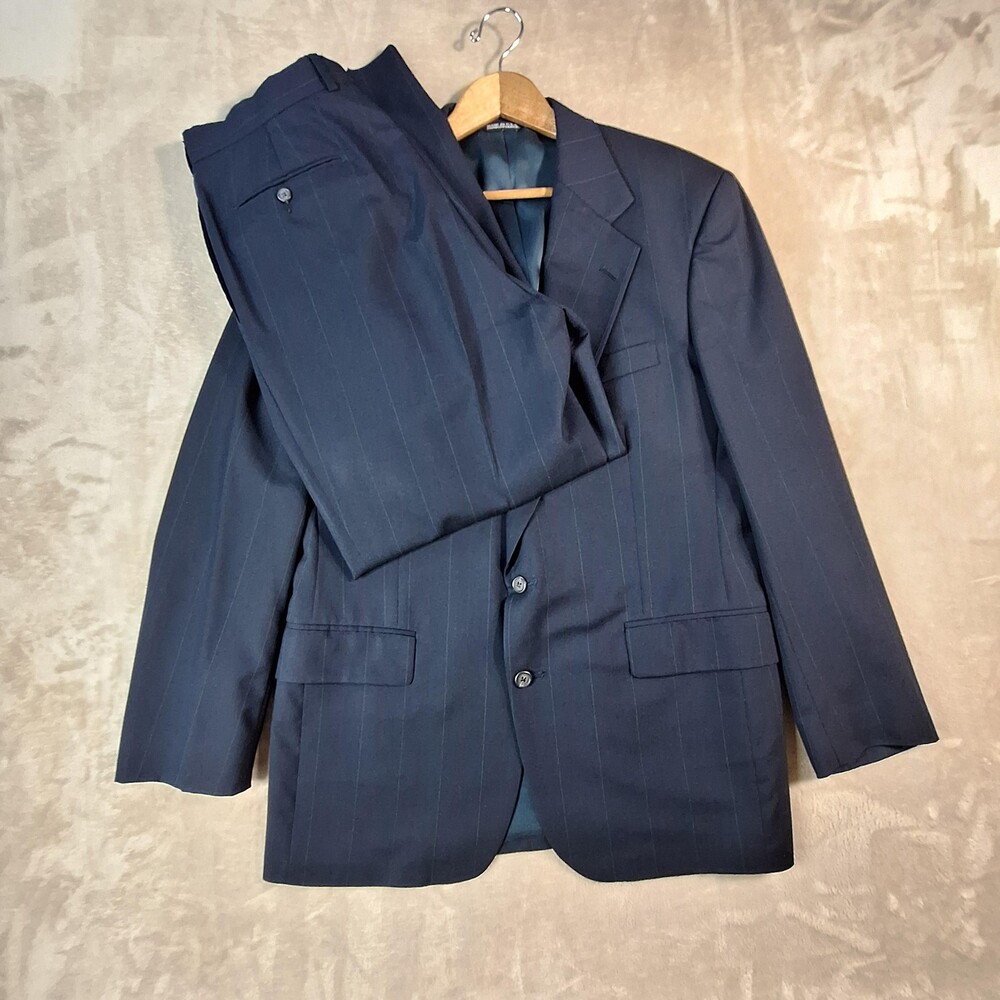 Vintage Ralph Lauren Suit Mens 42 36W Blue Wool Stripe Single Vent 2 Piece USA